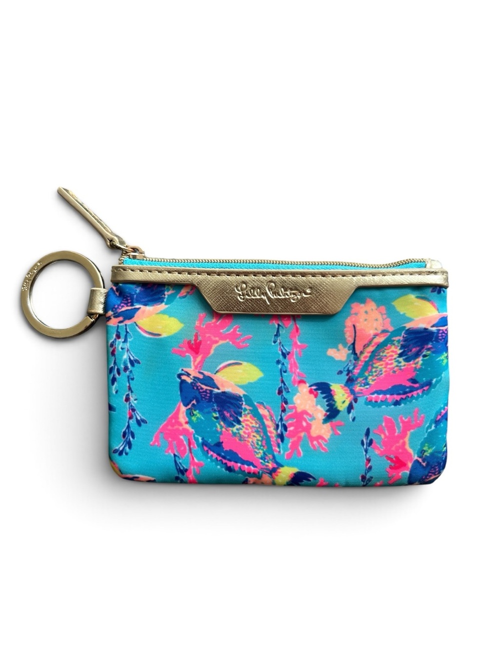 Lilly Pulitzer sandstorm Turquoise Floral Key & Card Pouch with Gold Hardware